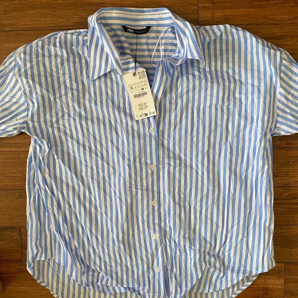 Zara Men's Light Blue and White Striped Shirt